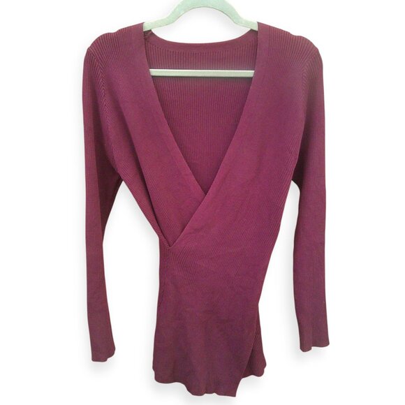 Ribbed Knit Sweater V- Asymmetrical Front Long-Sleeve M - Picture 4 of 7
